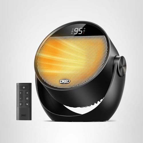 DREO SPACE HEATER 1500W, 60° ADJUSTABLE TILT, 10.5FT/S PORTABLE ELECTRIC HEATERS FOR INDOOR USE WITH THERMOSTAT, 8 SAFETY PROTECTIONS, 3 MODES, REMOTE, QUIET DESK HEATER FOR BEDROOM, OFFICE, BLACK