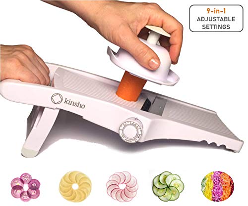 Mandoline Slicer. Adjustable Hand-Held Mandolin. 9-in-1 Cutter for Vegetable Potato Apple & Food. Slice or Julienne, Professional Built-In Stainless Steel Blade. Safe Guard. BPA Free