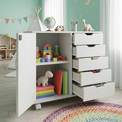 Simple Wisdom Archivero Organizador con 5 Cajones,Archivero con Llave de Oficina con Estantes Ajustables y Ruedas,Soporte para Impresora para Oficina en Casa(Blanco)