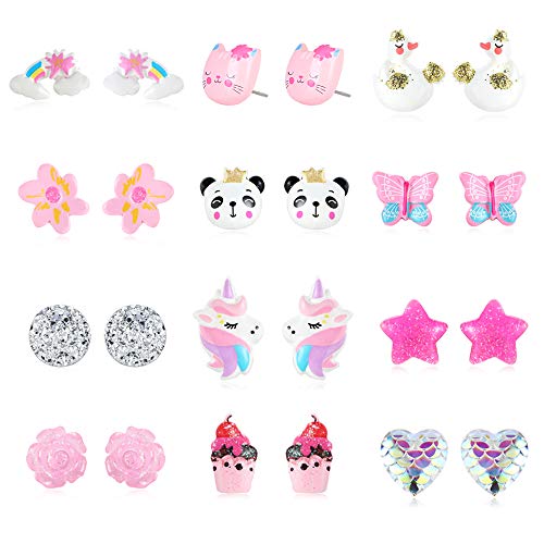 PinkSheep Earrings Set for Little Girls, Kids Stud Earring 12 Pair, Unicorn Flower Star Earrings - Thumbnail 5