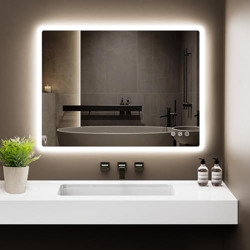 41WmuAb iwL Gimbelen Badezimmerspiegel Led Badspiegel 80X60 Cm, Rechteckig, Touch-Schalter, Dimmbar, 3 Lichtfarbe Einstellbare Spiegel Bad Mit Beleuchtung, Vertikal, Antibeschlag,Für Montage Horizontal/Vertikal