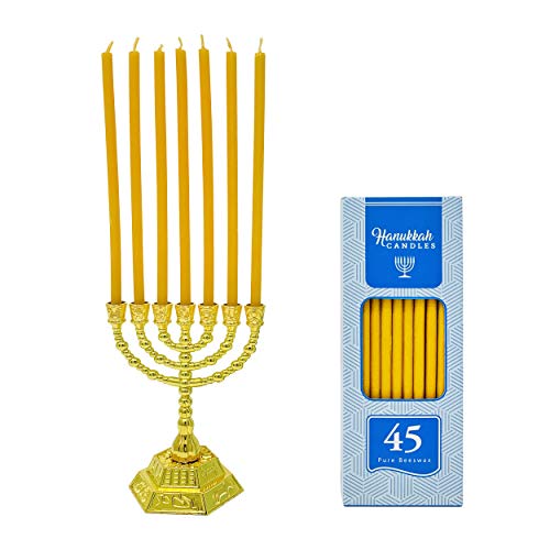 Votprof Small 7 Branch Gold Menorah + 45 Pure Beeswax Candles, 100% Beeswax, Natural Honey Scent, Dripless, Smokeless, Natural Cotton Wick, Modern Menorah - Thumbnail 7