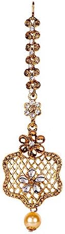 Charming Jewels Unique Designed Floral ShapeTraditional Gold Plated Kundan Pearl Maangtika for Women and Girls-Antique Gold Maang Tikka