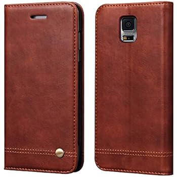 Galaxy S5 Case,RUIHUI Classic Leather Wallet Book Style Folding Flip Protective Shock Resistant Case Cover with Card Slots,Kickstand Magnetic Closure for Samsung Galaxy S5 (Brown)