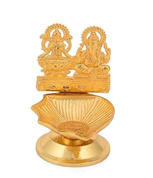 Festive Creations Laxmi Ganesha Sitting Diya Deepak Decorative Lakshmi Ganesh Showpiece Metal Gold Plated Oil Lamp for Gifts Corporate Puja- Diwali Puja Gift Gifting Item