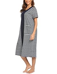 Ekouaer - Camisón de manga corta y media para mujer, con cremallera, largo completo, con bolsillos, a rayas