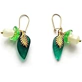 White Lucite Flower Tiny Floral Earrings Gold Filled Kidney Earwire Emerald Green Onyx Leaves Spring Summer Gift