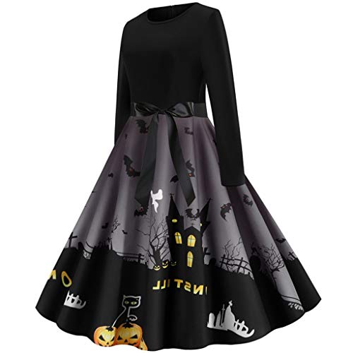 HIRIRI Halloween Dresses Womens Long Sleeve Cocktail Swing Dress Vintage Pumpkin Printed Cosplay Party Costume Gray - Thumbnail 2