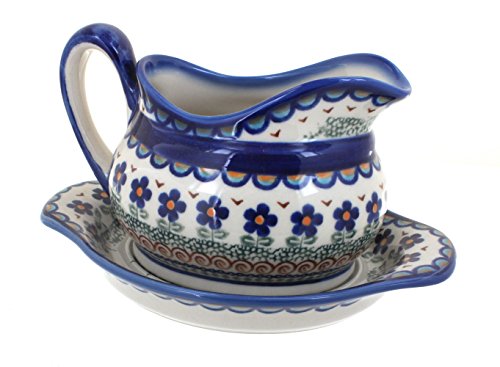 Click Here to See More Images Polish Pottery Aztec Flower Gravy Boat & Plate