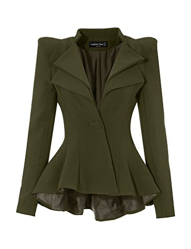 LookbookStore Women Army Green Double Notch Lapel Sharp Shoulder Pad Asymmetry Blazer, US 4