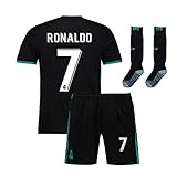 Youth Real Madrid Ronaldo 7 Kids Soccer Jersey & Shorts Home Boys Sizes Black (L(11-13Years Old))
