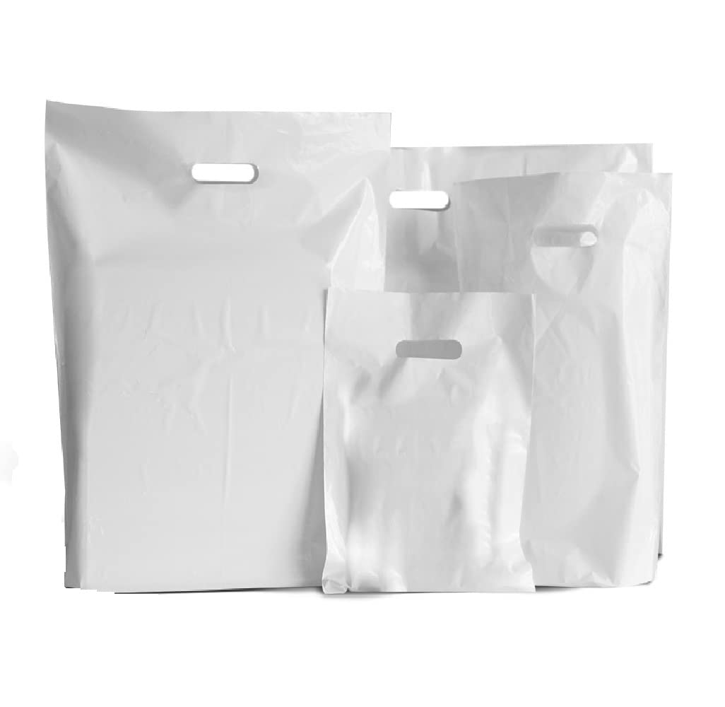 Venuscello 100 x White Patch Handle Carrier Bags Plastic Die Cut Handle Carrier Bag for Apparel Jewellery Gifts (10'' x 12'' x 4'') (PHB-001)