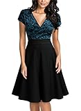 Miusol Women's Deep V-Neck Elegant Floral Lace Contrast Cocktail Party Dress (Small, Cyan)