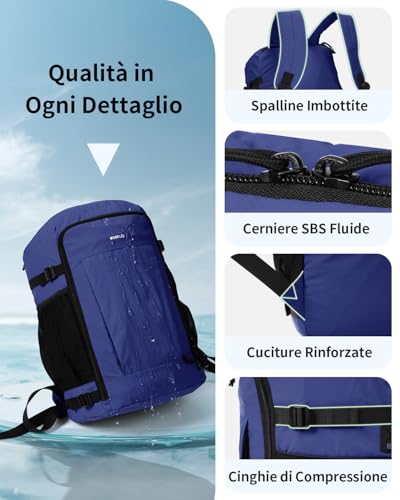 ECOHUB Zaino Ryanair 40x30x20 cm Leggero e 2 in 1, Zaino da Viaggio Pieghevole Sotto il Sedile, Bagaglio a Mano con Tasca Antifurto, Borsa da Cabina in Tessuto Riciclato per Uomo e Donna, Blu