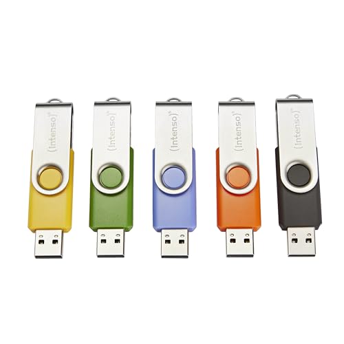 Intenso Basic Line 5X 32GB Chiavette USB 2.0 con pratiche etichette per etichettatura, giallo, verde, nero, blu e arancione, con staffa in metallo argentato
