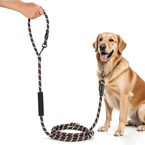 Ricihene Dog Lead for Large and Medium Dogs - Adjustable Double Nylon Lead with 2 Carabiner Hooks and 3 Rings - 3 m x 15 mm - Brown (Brown)