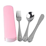 Dovia Stainless Metal Utensil Set, Bear Model, 3-Piece Flatware includes Spoon, Fork, Butter Knife, Colorful Cases (Rose)