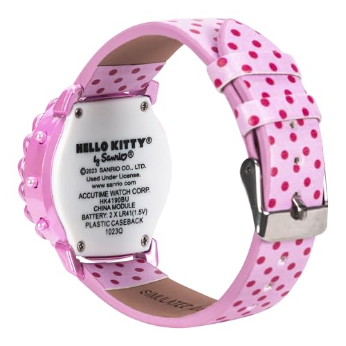 Accutime Hello Kitty Kids Digital Watch with LED Display, Pink Polka Dot PU Leather Strap, Adorable Strawberry Design, Fun Light-Up Feature, Durable & Adjustable Fit for Wrist Sizes 5.5