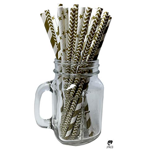 JPACO Gold Paper Straws (75 Pack, Stripe, Chevron, Star Designs) 100% Biodegradable