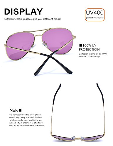 LUENX Aviator Sunglasses Polarized for Men & Women with Case - 400 UV Purple Lens Metal Gloss Silver Frame Mirrored 60mm - Thumbnail 3