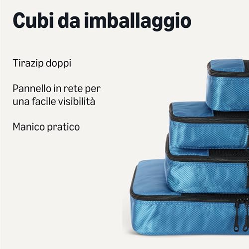 , Set di 4 Packing Cube, Accessori da Viaggio, Organizer per Bagagli con Doppia Cerniera, Parte Superiore in Rete, 100% Poliestere, S/M/L/Slim, Blu Cielo (in Precedenza Amazon Basics)