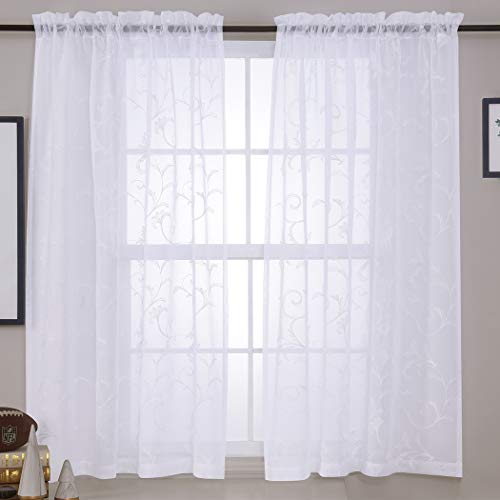 Floral Embroidery Sheer Curtains White 45 Inch Length, Vintage Rod Pocket Voile Drapes for Living room, Bedroom, Window Treatments Semi Crinkle Curtain Panels for Villa, Parlor, Set of 2, 52"x 45".