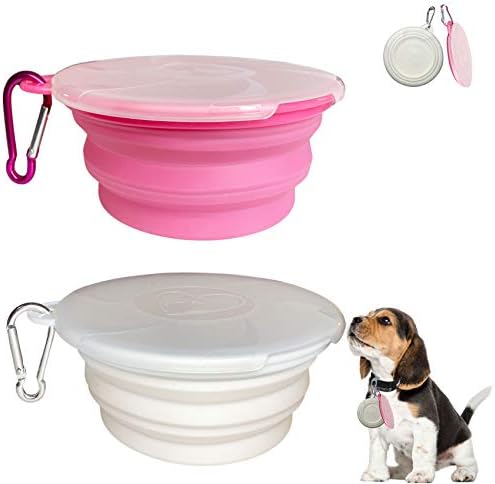 Collapsible Dog Bowl, 2 Pack Travel Pet Bowls with Lids Cat Food Dog Water Bowls, Portable Collapsable Feeding Bowls Pink Cup Dish for Walking Camping Kennels (450ML,15OZ)