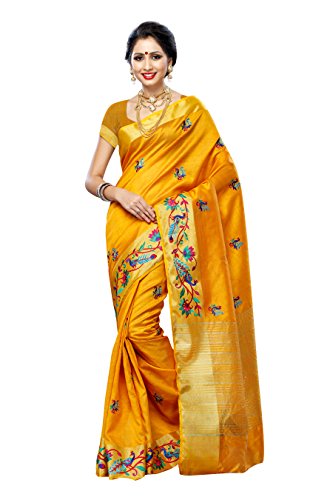 Mimosa Women'STassar silk Saree with Hand Embroidery Color: Gold(3220-2085-EMB-GLD)