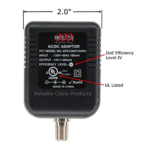 Power Supply, PCT APA1260315URH OEM Wall Mount Coax Power Adapter for CATV Drop Amplifiers 15V 300mA (0.3A) with F-Type Connection, DoE Level IV Rated