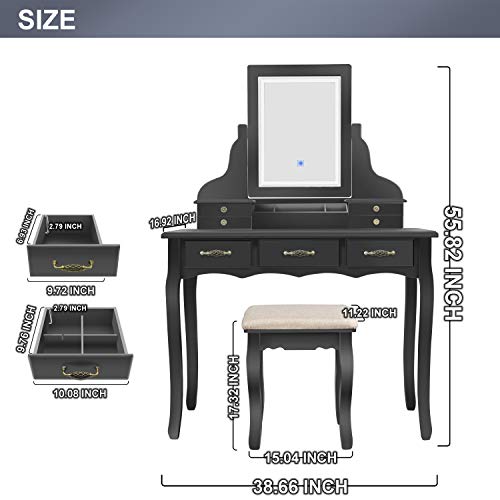 LED Vanity Table,7 Drawers Makeup Dressing Table with Cushioned Stool-Black