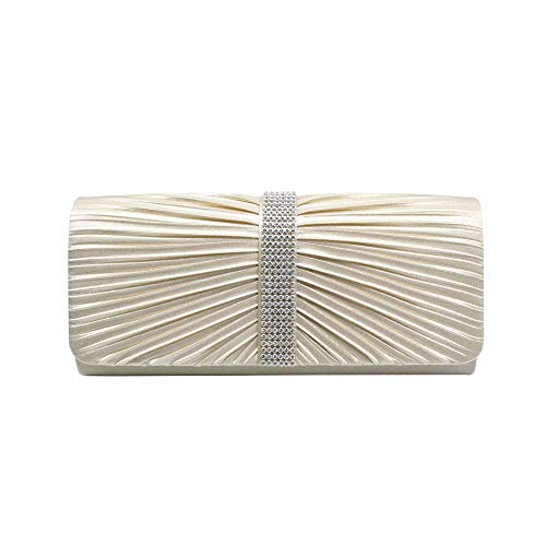 Eleoption Womens Satin Diamante Ladies Pleated Bow Wedding Bridal Prom Handbag Clutch Bag, Champagne