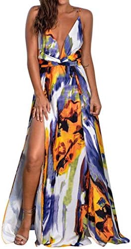Women's Flowy Tie-dye Deep V-neck High Split Maxi Dress, Ladies Summer Sexy  Open-Cross Dress Charming Sleeveless Sling Dress Casual Long Dress Fashion  Holiday Beach Dress price in UAE