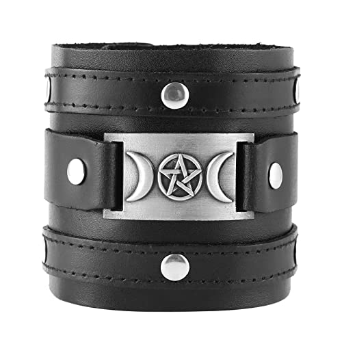 HZMAN Leather Bracelets for Men Viking Retro Wide Cuff Bracelet Black Leather Wristband Bracelet Jewelry Gift
