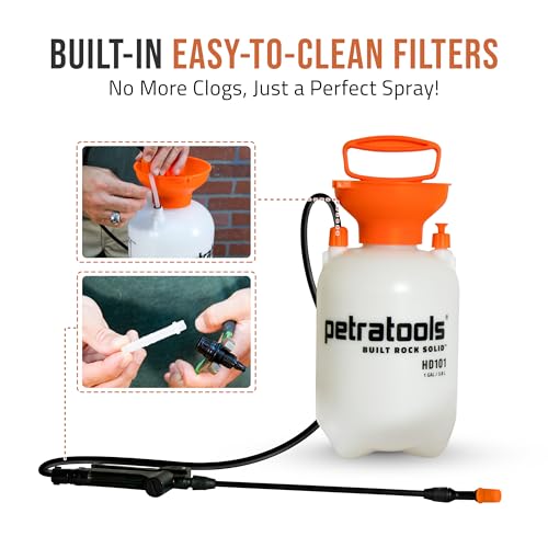 PetraTools HD101 Garden Pump Sprayer, 52-in Long Hose & 2 Nozzles, 1 Gallon | Weed Sprayer 1 Gallon w/ Easy Carry Handle & Built-In Filters - For Watering, Fertilizing, Rock Glue, Mulch Glue Applications