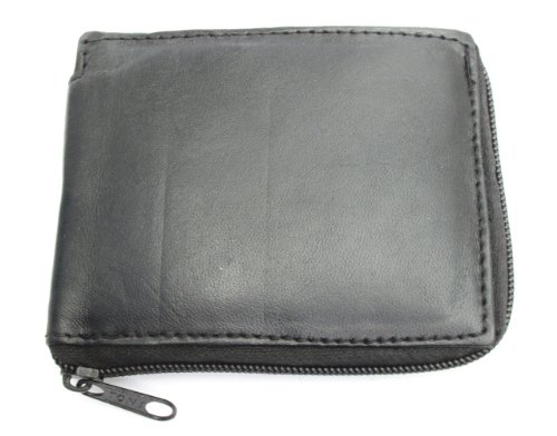 Mens Black Leather Wallet Lamb Zippered Bifold 782