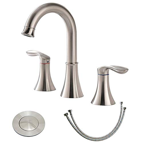 Friho Lead-Free Commercial Two Handle Three-Hole Brushed Nickel Widespread Bathroom Faucet,Bathroom Vanity Sink Faucets with Drain Stopper and Water Hoses - Thumbnail 7