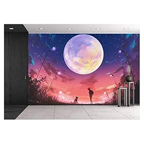 BRAND_NAMEHuge Moon Above Woman and Dog Wall Decor