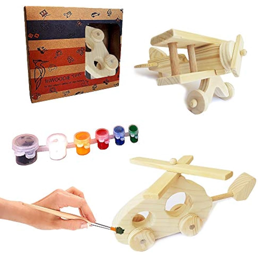 Wooden Toys Set, Craft For Kids, Unpainted Kits Made Of Pine (Plane And