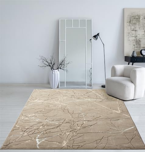 Mias Teppiche Cielo Tapis Moderne à Poils Courts, Salon, Chambre à coucher, Brillance Élégante, Fibre Brillante, Effet Haut-Bas, Plume, Beige, 200 cm Rotondo