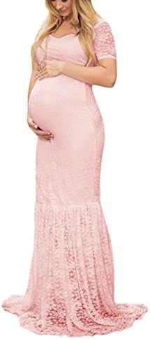 Kimloog Women's Short Sleeve Off Shoulder V Neck Pregnants Photography Props Lace Maternity Long Dress for Photo Shoot