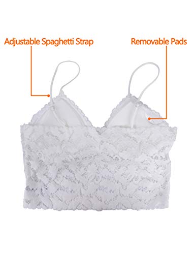 BETITETO Womens Floral Lace Bralette Wirefree Bra Removable Pads Adjustable Strap for Youths A-C Cups (White, Small(30AB 32AB))