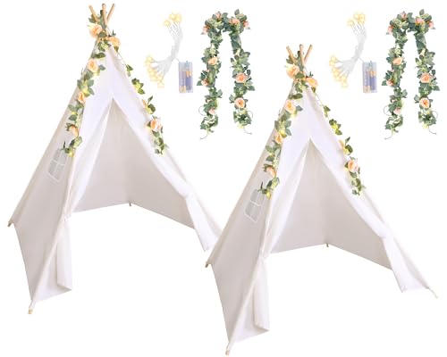 Kigley 2 Set Teepee Tent Indoor White Cotton Linen Teepee Play Tent with 6.6 ft Pink Fake Rose Vine Artificial Garland 10 ft Battery Operated String Lights for Room Decor