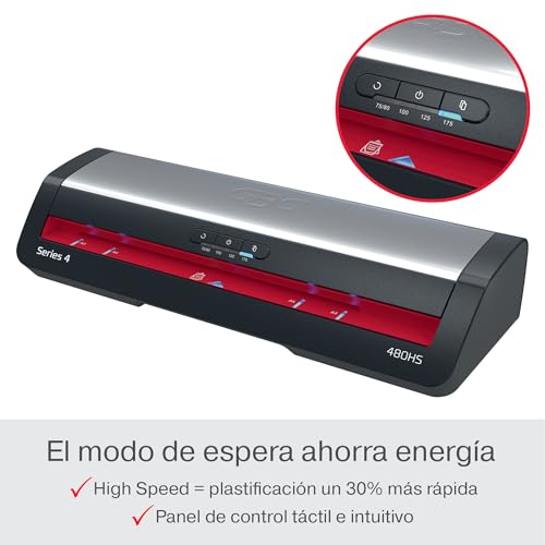 GBC 4410071EU – Laminator 250HS Home Office A3, Fast Heating in 1 Minute, 75-125 Microns, Anti-jamming, Automatic Shut-Off, Includes 5 A4 Laminating Sleeves, Black/Red