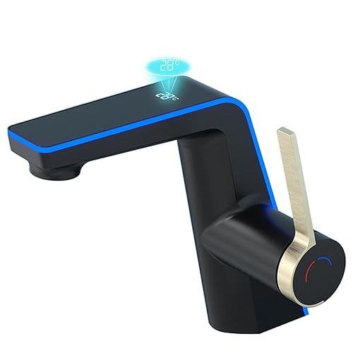 Temperature Bathroom taps,No Electrical Temperature Display Single Handle Bathroom Sink taps (Modern, Black Gold)
