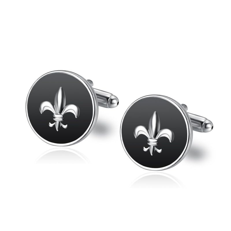 BOBIJOO Jewelry - Cufflinks Round Black Silver Fleur-de-Lys