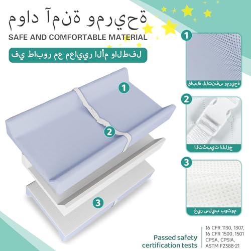 Baby Changing Pad, PU Waterproof Diaper Changing Mat with Safety Strap, وسادة تغيير حفاضات الأطفال Portable Diaper Changing Pad, Breathable Contoured Changing Table Pads for Infant, 31.25"X16", Blue