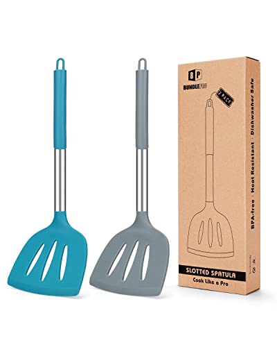 Pack of 2 Silicone Spatula, Non Stick Solid Kitchen Turner, High Heat Resistant BPA Free Cooking Slotted Spatulas, Ideal Cookware for Fish Eggs Pancakes (Large Slotted Spatula-Gray-Blue)