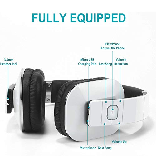 August EP650 Bluetooth Over Ear Wireless Stereo NFC 3.5mm Headphones with Rechargeable Battery, Audio In Socket, Multipoint and Built-in Microphone for Mobile Phones, iPhone, iPad, Laptops, Tablets, Smartphones - White