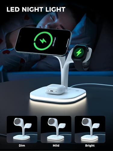 HJCE Cargador Inalámbrico 3 En 1 (para MagSafe), 3 En 1 Cargador Magsafe Compatible con iPhone 17, 16, 15, 14, 13, 12, Serie Apple Watch, Ultra, AirPods Pro 4/3/2 (Adaptador Incluido) (Blanco