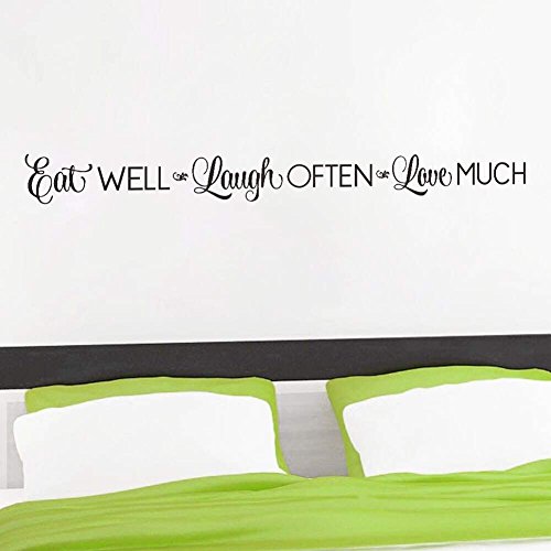 Eat Well, Laugh Often, Love Much Wall Stickers Decals Kitchen Home Decor Dining & Cooking Quote Decal Heart Removable Vinyl Art Decoration (42’’ X 4.3’’, Black)